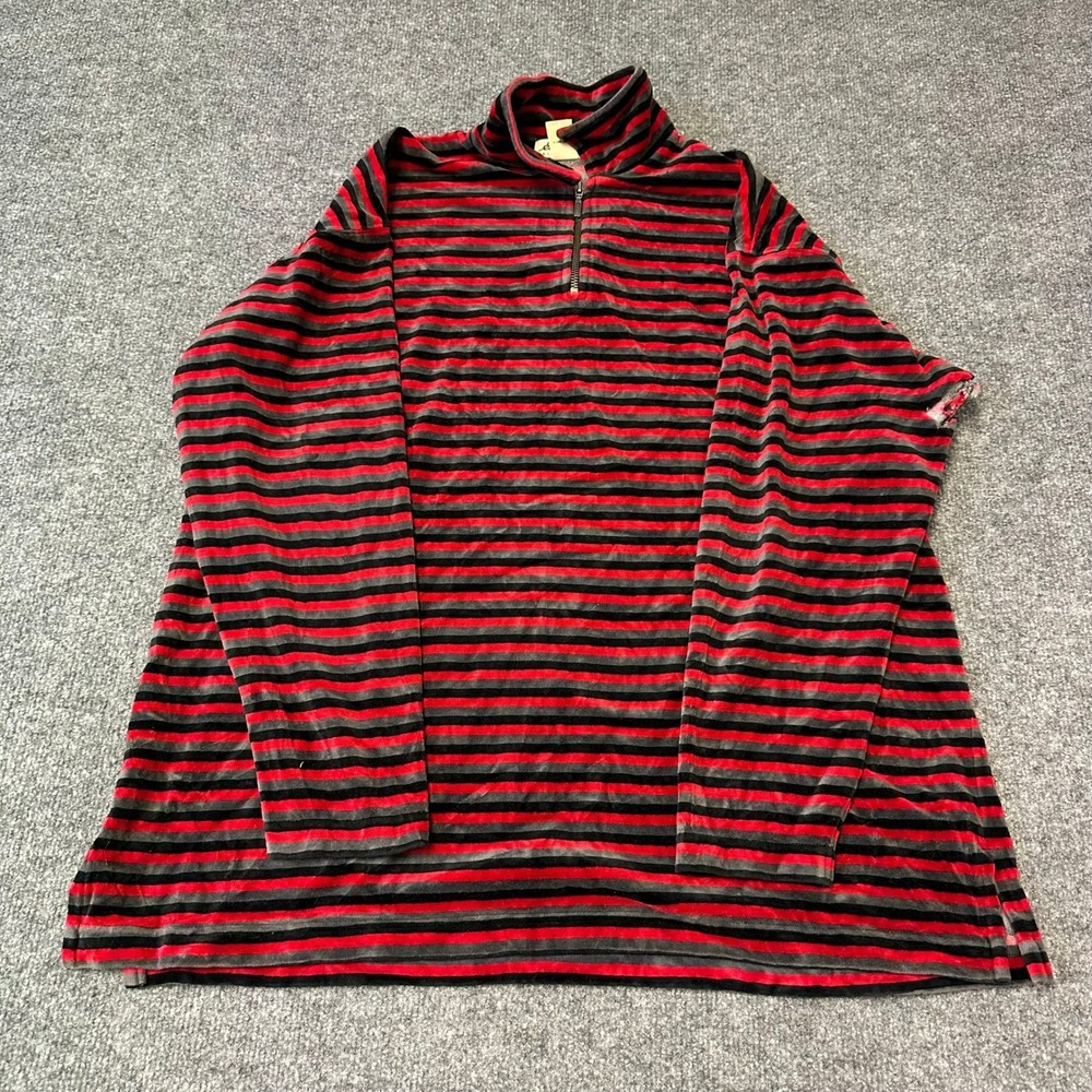 Eddie Bauer Pullover Womens XL Red Black Striped Velour Quarter Zip Mock Neck